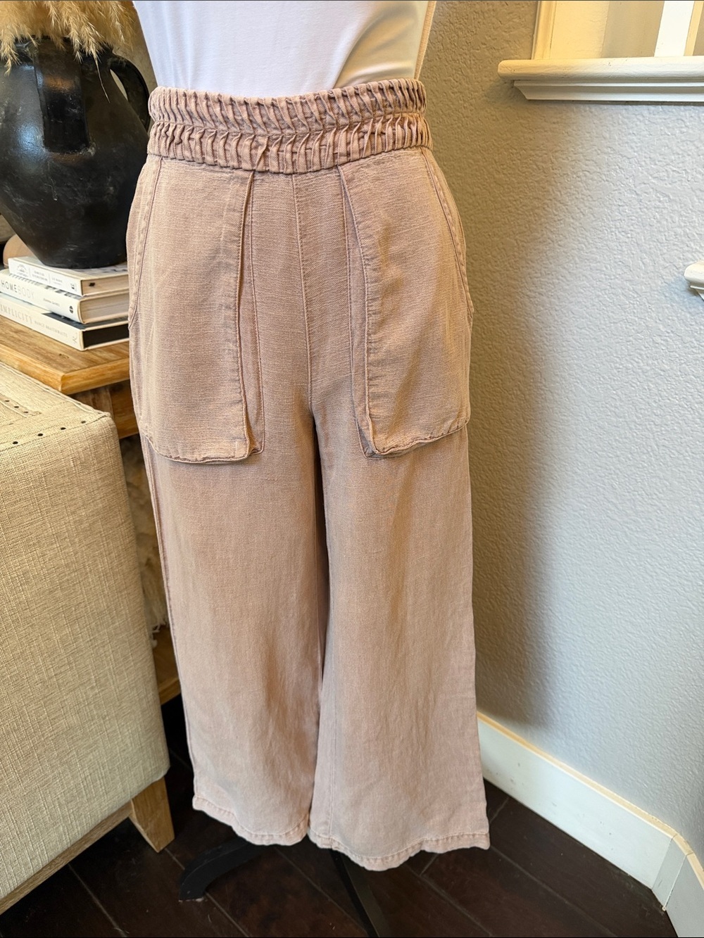 Joie Dusty Rose Linen Blend Wide Leg Cropped Pants XS Smocked Waist